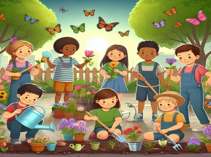 bahçe etkinlikleri yapan çocuklar